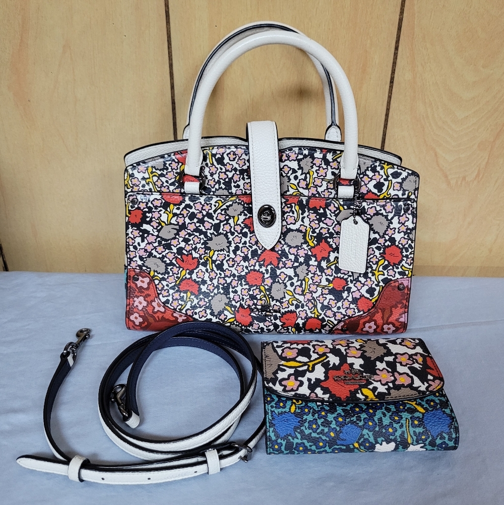 Coach Multi Floral Print Mercer Satchel and Matching Wallet